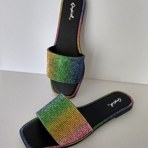 Qupid Rainbow Sandals Rhinestone Slides Various Sizes NIB - Picture 2 of 16